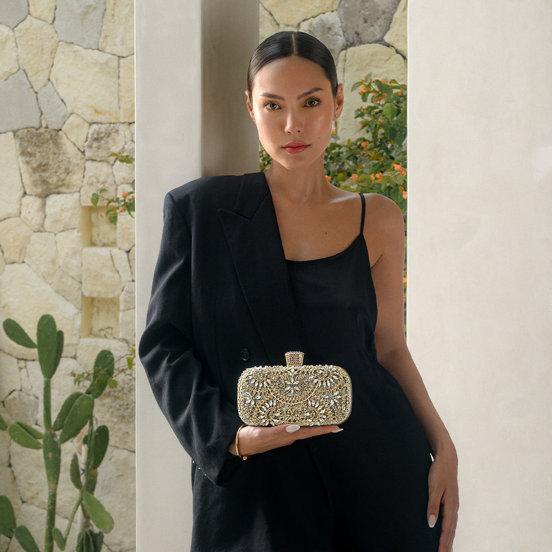 Elegant Gold Metallic Flower Clutch with Rhinestone Detailing