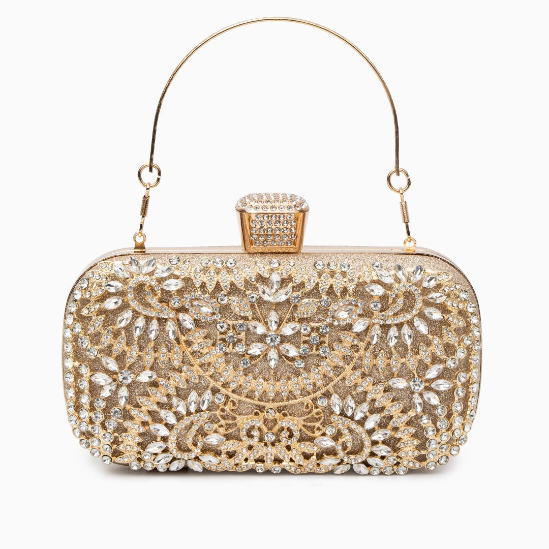 Elegant Gold Metallic Flower Clutch with Rhinestone Detailing
