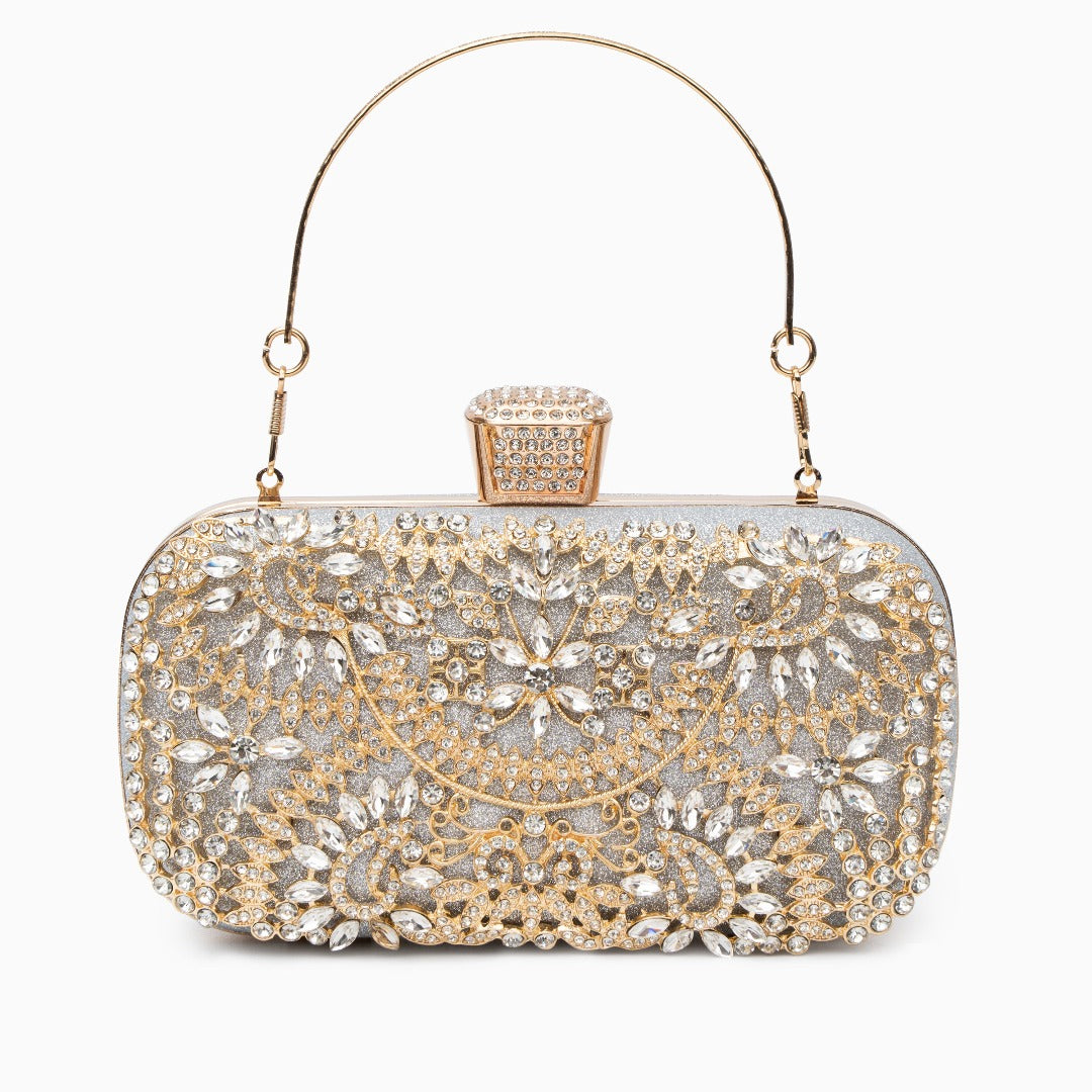 Elegant Gold Metallic Flower Clutch with Rhinestone Detailing